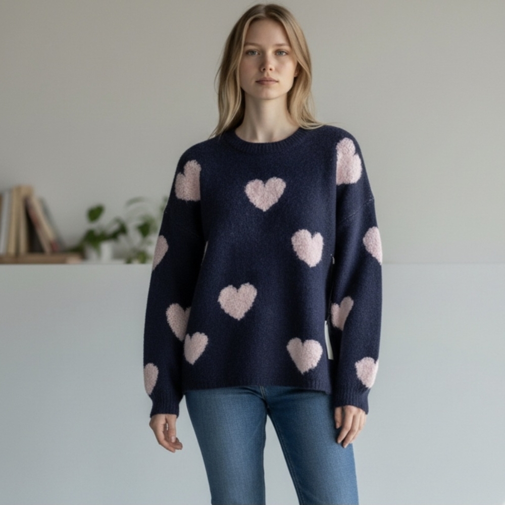 Charming Navy Sweater with Pink Heart Accents